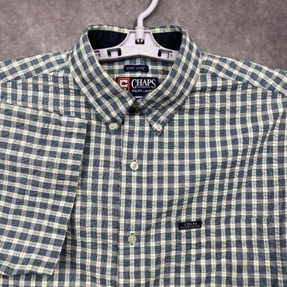 Chaps Ralph Lauren Button Down Shirt Mens M Blue Plaid Seersucker EZ Care VTG - Picture 1 of 9